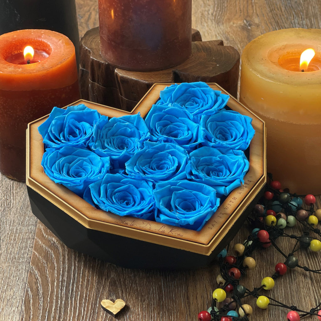 Blue Preserved Roses in Silver Glitter Heart – Flowers By Crystal