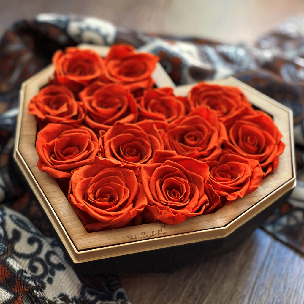 "Premium Preserved Fiery Orange Roses - Small Black  Diamond Heart Box"